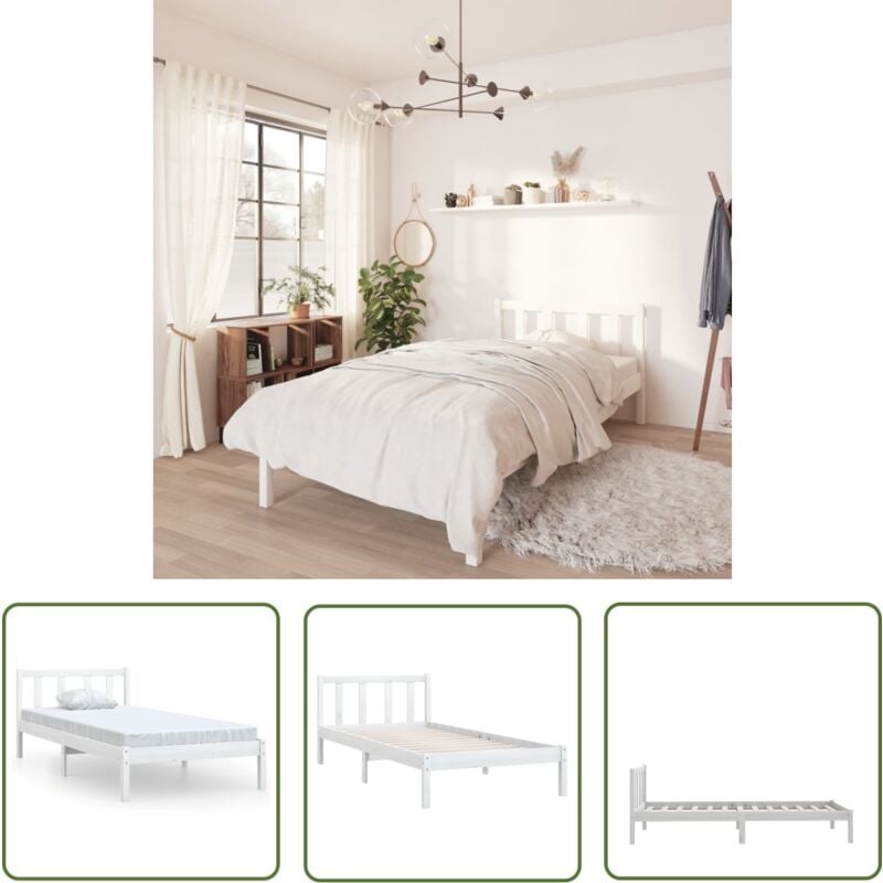 The Living Store - Cadre de lit sans matelas blanc bois massif - Cadre De Lit - Lit Simple - Lit En Bois - Lit Blanc - Meuble Chambre