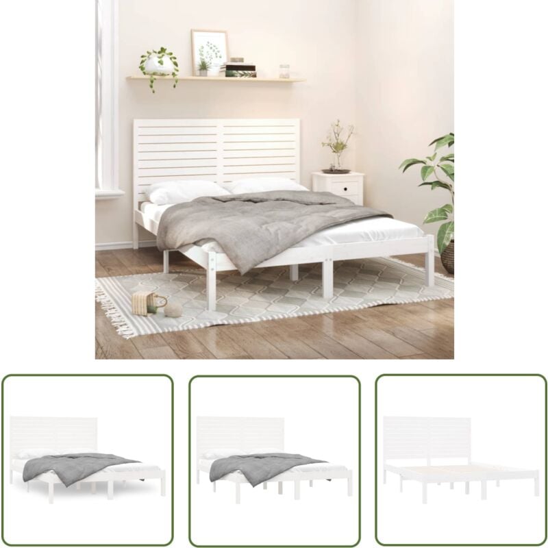 The Living Store - Cadre de lit sans matelas blanc 160x200 cm bois massif - Cadre De Lit - Lit Double - Lit Bois - Lit Blanc - Meuble Chambre
