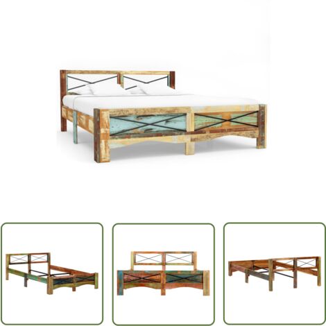 The Living Store Cadre de lit Bois de récupération massif 140 x 200 cm - Cadre De Lit - Lit En Bois - Lit Vintage - Meubles Rustiques - Mobilier Recyclé