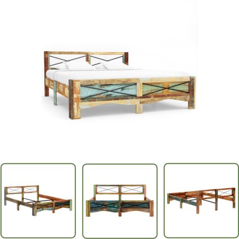 The Living Store Cadre de lit bois de récupération massif 160x200 cm - Lit En Bois - Cadre De Lit Vintage - Meubles Rustiques - Mobilier Recyclé - Lit Artisanal