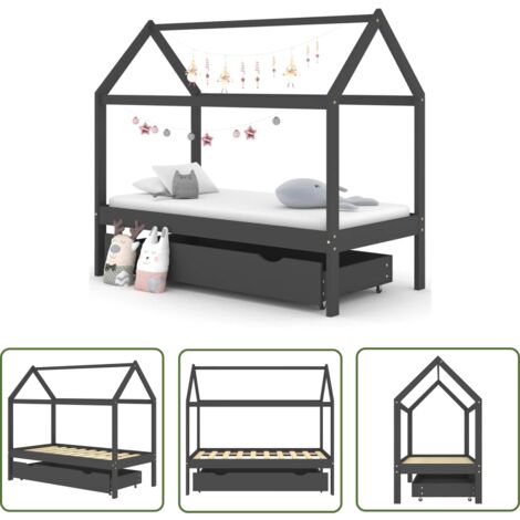 The Living Store Cadre de lit d'enfant avec un tiroir Gris foncé Pin 80x160 cm - Lit Bébé - Lit Enfant - Cadre De Lit - Lit Design Enfant - Mobilier Enfant