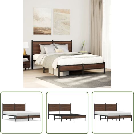 The Living Store Cadre de lit en métal sans matelas chêne marron 150x200 cm - Cadre De Lit - Lit Double - Lit En Métal - Lit Moderne - Meuble Chambre