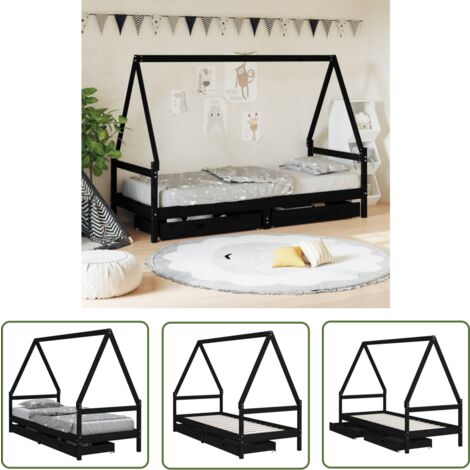 The Living Store Cadre de lit enfant avec tiroirs noir 90x200 cm bois pin massif - Lit Bébé - Lit Enfant - Meuble Enfant - Chambre D'enfant - Design Maison