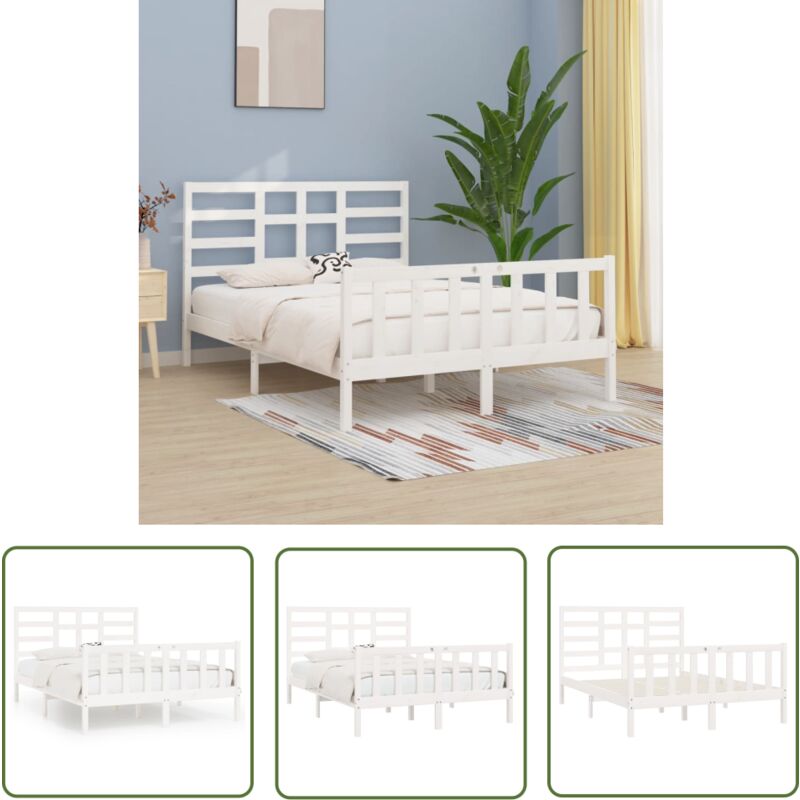 The Living Store Cadre de lit sans matelas blanc 140x200 cm bois de pin massif - Cadre De Lit - Lit Double - Bois Massif - Design Moderne - Chambre à