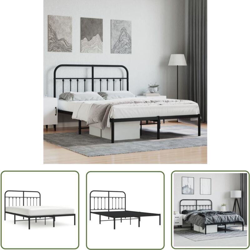 The Living Store - Cadre de lit métal sans matelas avec tête de lit noir 140x190cm - Cadre De Lit - Lit Double - Lit Metal - Lit Avec Têtedé Lit