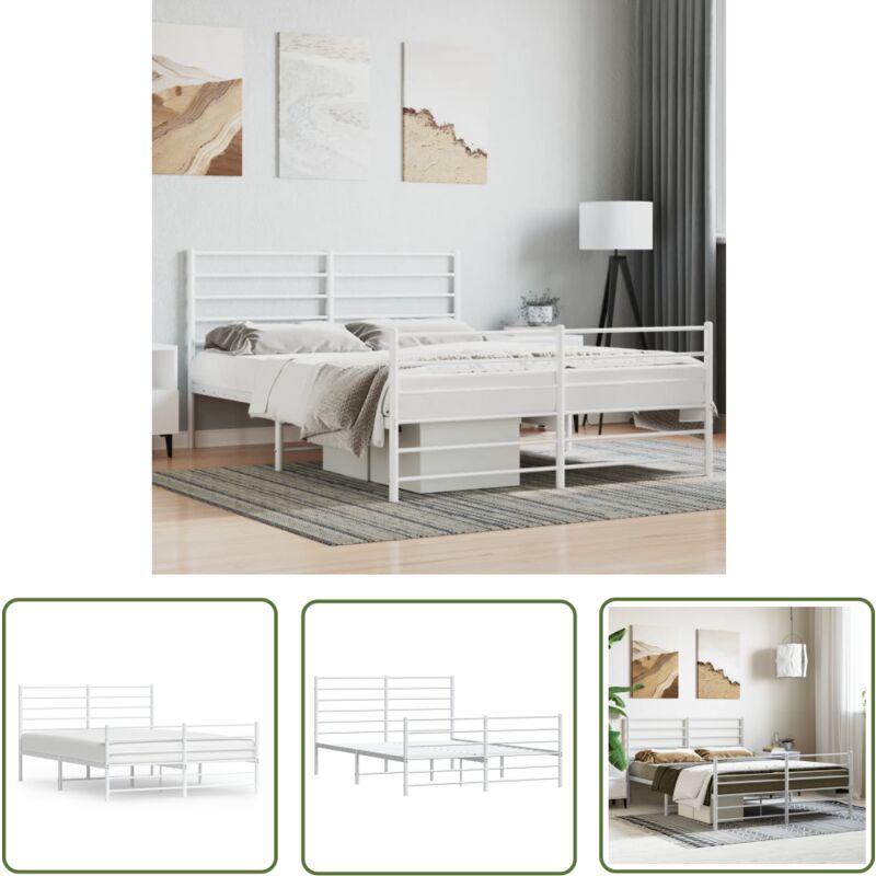Cadre de lit métal sans matelas et pied de lit blanc 120x190 cm - Cadre De Lit - Lit Double - Lit Metal - Lit Blanc - Meuble Chambre - The Living