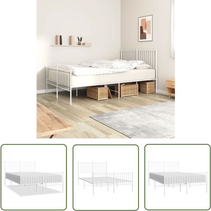 Cadre de lit métal sans matelas et pied de lit blanc 140x190 cm - Cadre De Lit - Lit Double - Lit Metal - Lit Blanc - Meuble Chambre - The Living