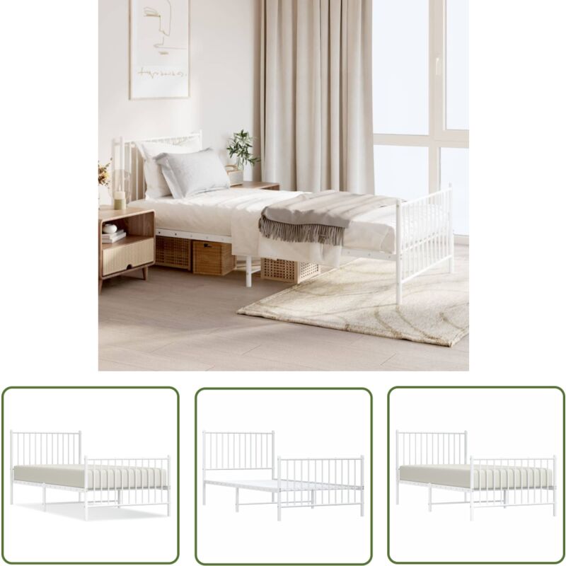 The Living Store Cadre de lit métal sans matelas avec pied de lit blanc 90x200cm - Cadre De Lit - Lit Simple - Lit Metal - Lit Blanc - Sommier