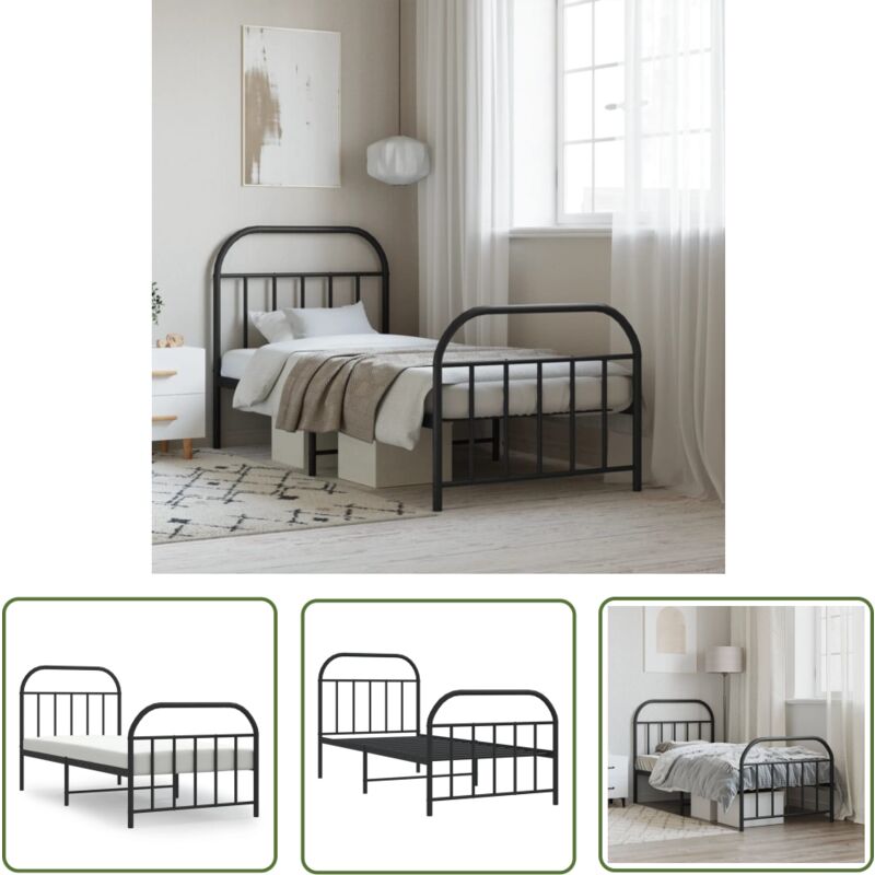 Cadre de lit métal sans matelas avec pied de lit noir 90x190 cm - Cadre De Lit - Lit Simple - Lit Metal - Lit Noir - Meuble Chambre - The Living Store
