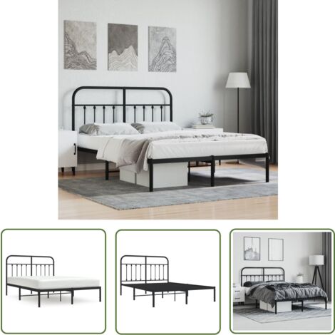 The Living Store Cadre de lit métal sans matelas avec tête de lit noir 140x200cm - Cadre De Lit - Lit Double - Lit Metal - Lit Avec Têtedé Lit - Literie