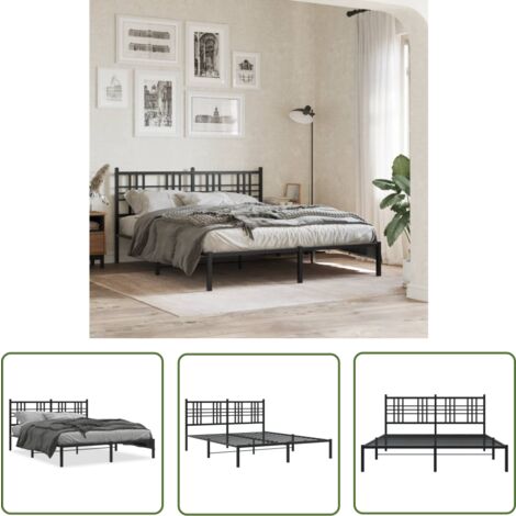 The Living Store Cadre de lit métal sans matelas avec tête de lit noir 150x200cm - Cadre De Lit - Lit Double - Lit Metal - Lit Avec Têtedé Lit - Sommier
