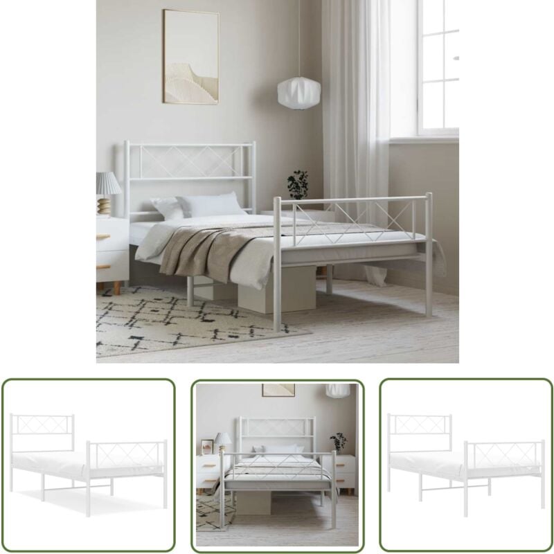 The Living Store - Cadre de lit métal sans matelas et pied de lit blanc 100x190 cm - Cadre De Lit Metal - Lit Simple - Lit Blanc - Meuble Chambre