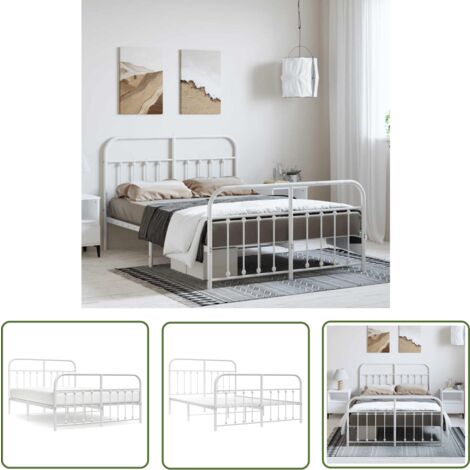 The Living Store Cadre de lit métal sans matelas et pied de lit blanc 135x190 cm - Cadre De Lit - Lit Double - Lit Metal - Lit Blanc - Meuble Chambre