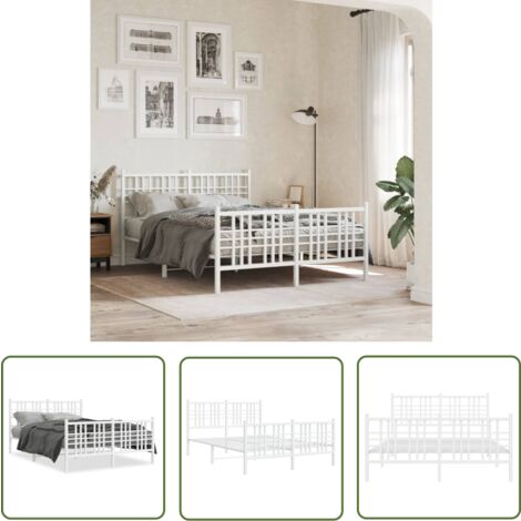 The Living Store Cadre de lit métal sans matelas et pied de lit blanc 137x190 cm - Cadre De Lit - Lit Double - Lit Metal - Lit Blanc - Meuble Chambre