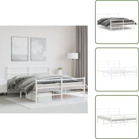 The Living Store Cadre de lit métal sans matelas et pied de lit blanc 150x200 cm - Cadre De Lit - Lit Double - Lit Metal - Lit Blanc - Meuble Chambre