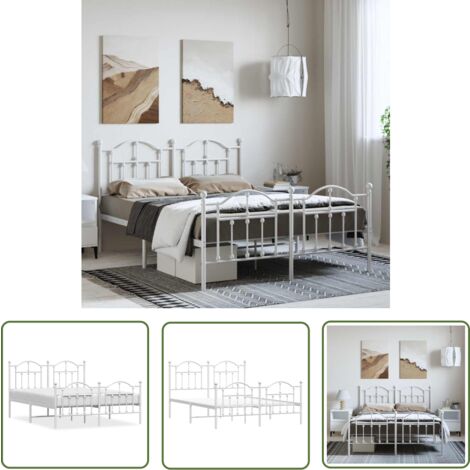 The Living Store Cadre de lit métal sans matelas et pied de lit blanc 150x200 cm - Cadre De Lit - Lit Double - Lit Metal - Lit Blanc - Meuble Chambre