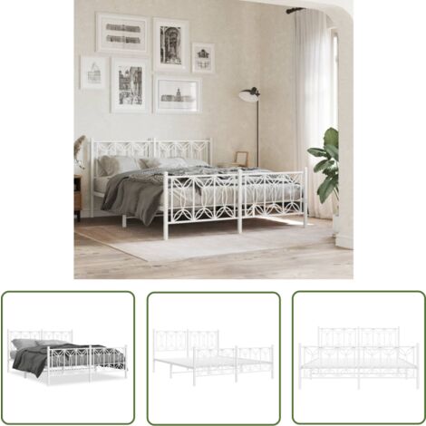 The Living Store Cadre de lit métal sans matelas et pied de lit blanc 150x200 cm - Cadre De Lit - Lit Double - Lit Metal - Lit Blanc - Meuble Chambre