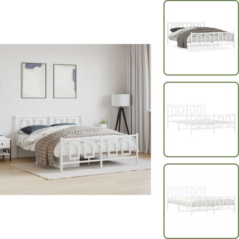 The Living Store Cadre de lit métal sans matelas et pied de lit blanc 150x200 cm - Cadre De Lit - Lit Double - Lit Metal - Lit Blanc - Meuble Chambre