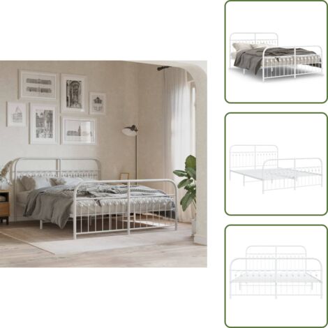 The Living Store Cadre de lit métal sans matelas et pied de lit blanc 150x200 cm - Cadre De Lit - Lit Double - Lit Metal - Lit Blanc - Meuble Chambre