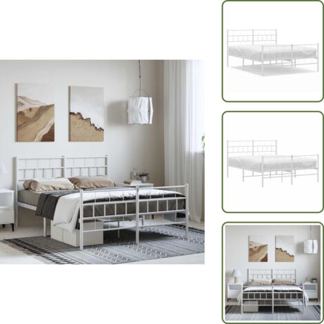 The Living Store Cadre de lit métal sans matelas et pied de lit blanc 150x200 cm - Cadre De Lit Metal - Lit Double - Lit Blanc - Meuble Chambre - Literie