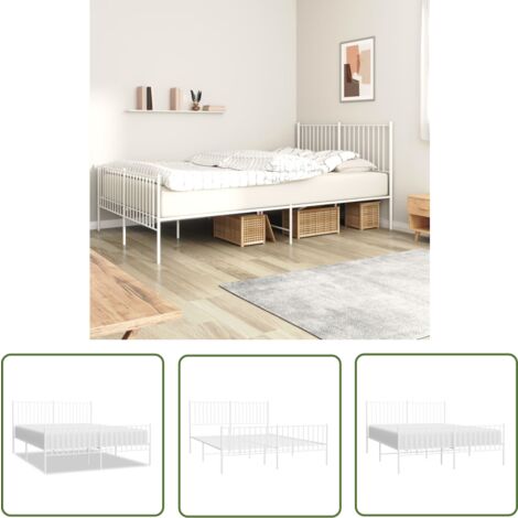 The Living Store Cadre de lit métal sans matelas et pied de lit blanc 160x200 cm - Cadre De Lit - Lit Double - Lit Metal - Lit Blanc - Meuble Chambre