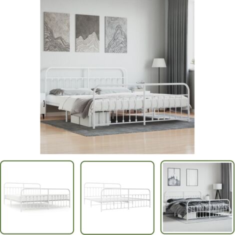 The Living Store Cadre de lit métal sans matelas et pied de lit blanc 200x200 cm - Cadre De Lit - Lit Double - Lit Metal - Lit Blanc - Meuble Chambre