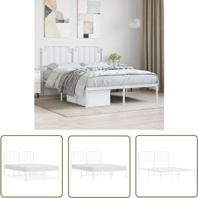 The Living Store - Cadre de lit métal sans matelas et tête de lit blanc 140x190 cm - Cadre De Lit - Lit Double - Lit Metal - Lit Blanc - Meuble