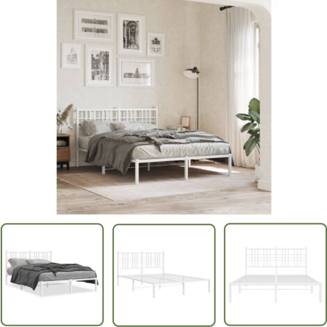 The Living Store Cadre de lit métal sans matelas et tête de lit blanc 140x190 cm - Cadre De Lit - Lit Double - Lit Metal - Lit Blanc - Meuble Chambre