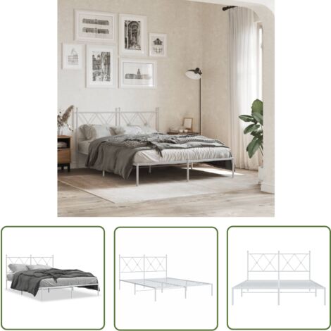 The Living Store Cadre de lit métal sans matelas et tête de lit blanc 140x190 cm - Cadre De Lit - Lit Double - Lit Metal - Lit Blanc - Meuble Chambre