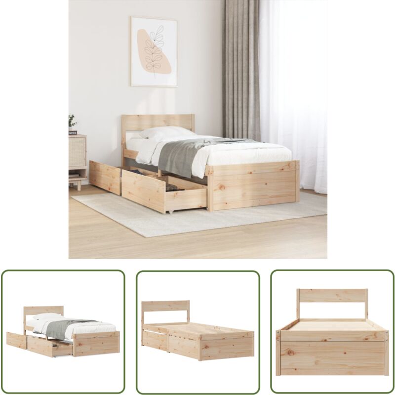 The Living Store - Cadre de lit sans matelas 100x200 cm bois massif de pin - Cadre De Lit - Lit Double - Lit Design - Lit Avec Tiroirs - Meuble De