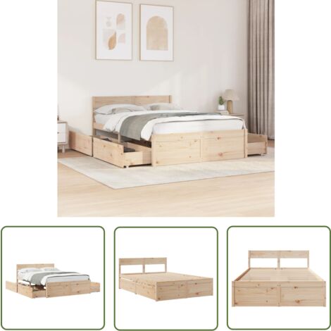 The Living Store Cadre de lit sans matelas 135x190 cm bois de pin massif - Cadre De Lit - Lit Double - Meuble De Chambre - Bois Massif - Rangement Sous Lit