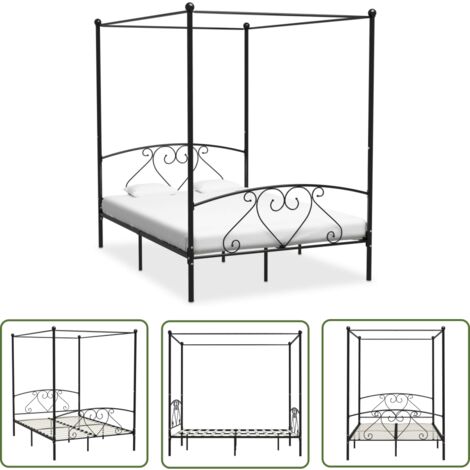 The Living Store Cadre de lit sans matelas avec baldaquin noir 160x200 cm métal - Cadre De Lit - Lit À Baldaquin - Lit Double - Lit Métal - Literie