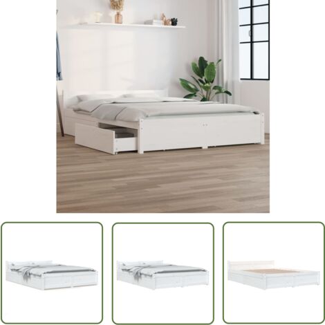 The Living Store Cadre de lit sans matelas avec tiroirs blanc - Cadre De Lit - Lit Double - Lit En Bois - Lit Avec Tiroirs - Meuble De Chambre