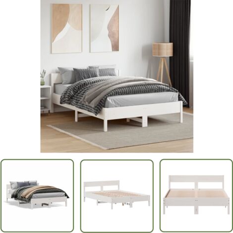 The Living Store Cadre de lit sans matelas blanc 120x190 cm bois de pin massif - Cadre De Lit - Lit Double - Lit En Bois - Bois De Pin - Tête De Lit