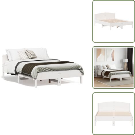 The Living Store Cadre de lit sans matelas blanc 135x190 cm bois de pin massif - Cadre De Lit - Lit Double - Lit En Bois - Bois De Pin - Tête De Lit