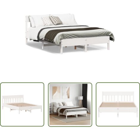The Living Store Cadre de lit sans matelas blanc 150x200 cm bois de pin massif - Cadre De Lit - Lit Double - Bois De Pin - Lit Blanc - Literie
