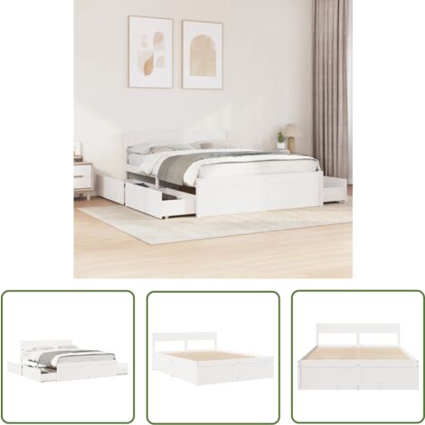 The Living Store Cadre de lit sans matelas blanc 150x200 cm bois de pin massif - Lit Double - Cadre De Lit - Lit Design - Lit Moderne - Lit Avec Tiroirs
