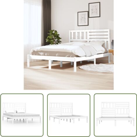 The Living Store Cadre de lit sans matelas blanc bois de pin massif 140x200 cm - Cadre De Lit - Lit Double - Bois Massif - Lit Design - Chambre À Coucher