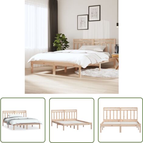 The Living Store Cadre de lit sans matelas bois massif - Cadre De Lit - Lit Double - Bois Massif - Design Rustique - Tête De Lit Intégrée