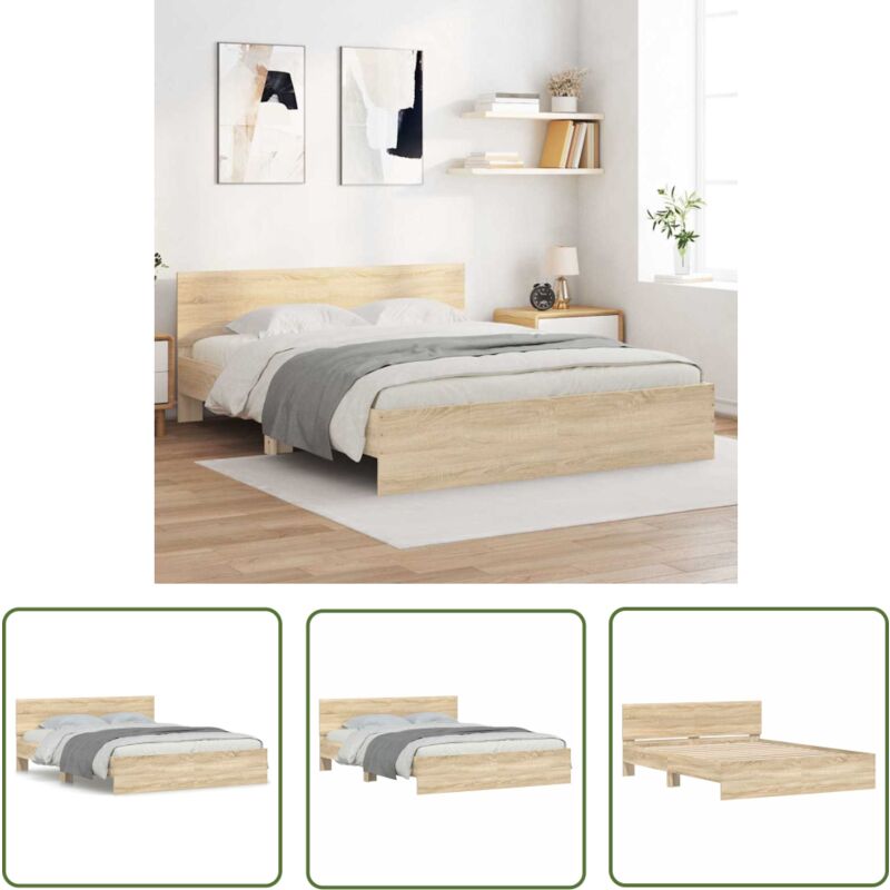 The Living Store - Cadre de lit sans matelas chêne sonoma 140x190 cm - Cadre De Lit - Lit Double - Lit En Bois - Lit Chêne Sonoma - Meuble Chambre