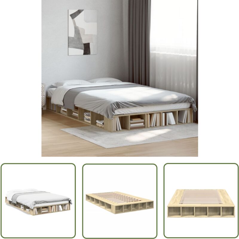 The Living Store - Cadre de lit sans matelas chêne sonoma 140x190 cm - Cadre De Lit - Lit Double - Lit En Bois - Meuble Chambre - Rangement Sous Lit
