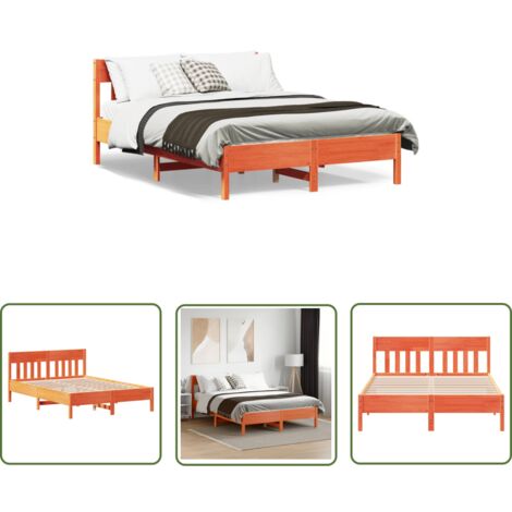 The Living Store Cadre de lit sans matelas cire marron 120x190cm bois pin massif - Cadre De Lit - Lit Double - Lit En Bois - Bois De Pin - Tête De Lit