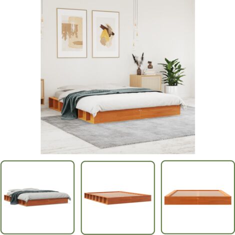 The Living Store Cadre de lit sans matelas cire marron 150x200cm bois pin massif - Cadre De Lit - Lit Double - Bois Massif - Lit Design - Chambre À Coucher