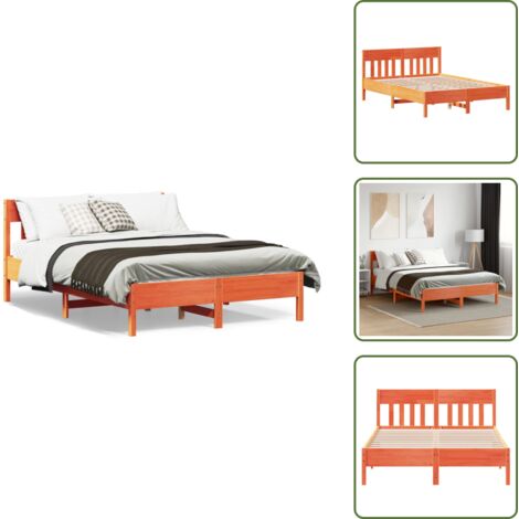 The Living Store Cadre de lit sans matelas cire marron 150x200cm bois pin massif - Cadre De Lit - Lit Double - Bois Massif - Lit En Bois - Chambre À Coucher