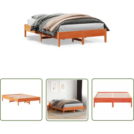 The Living Store Cadre de lit sans matelas cire marron 150x200cm bois pin massif - Cadre De Lit - Lit Double - Lit En Bois - Bois De Pin - Lattes De Contreplaqué