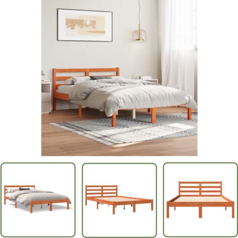 The Living Store Cadre de lit sans matelas cire marron 150x200cm bois pin massif - Cadre De Lit - Lit Double - Lit En Bois - Lit Design - Meubles Chambre À Coucher