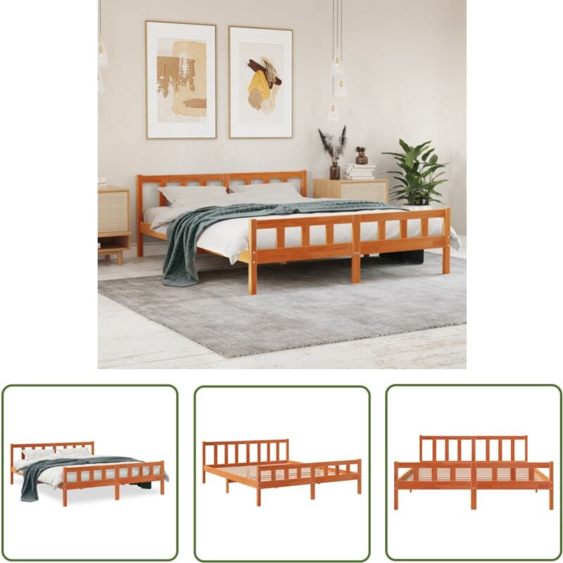The Living Store - Cadre de lit sans matelas cire marron 160x200cm bois pin massif - Cadre De Lit - Lit Double - Lit En Bois - Bois De Pin - Chambre
