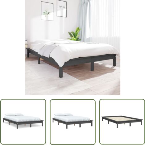 The Living Store Cadre de lit sans matelas gris 120x200 cm bois massif - Cadre De Lit - Lit Double - Bois Massif - Lit Design - Chambre À Coucher