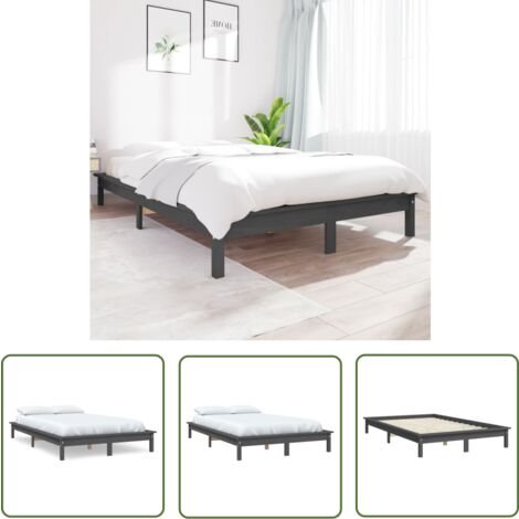 The Living Store Cadre de lit sans matelas gris 140x190 cm bois de pin massif - Cadre De Lit - Lit Double - Bois De Pin - Meuble Chambre - Literie