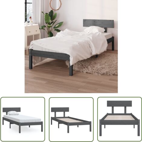 The Living Store Cadre de lit sans matelas gris bois de pin massif - Cadre De Lit - Lit Simple - Lit En Bois - Bois De Pin - Tête De Lit